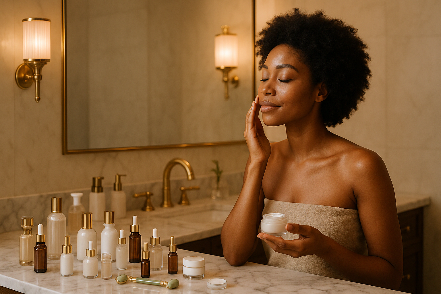 a wide shot of an ethnic woman using skin care products